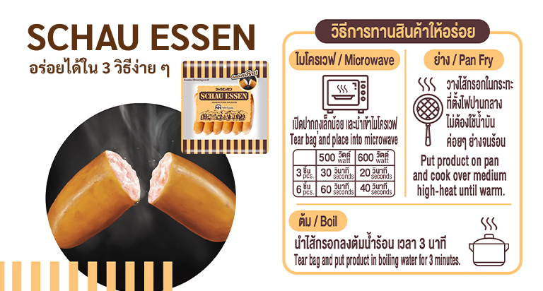 ไส้กรอกญี่ปุ่นพรีเมียม SCHAU ESSEN พร้อมวิธีรับประทาน 3 วิธี ได้แก่ ไมโครเวฟ ย่างบนกระทะ และต้มในน้ำร้อน