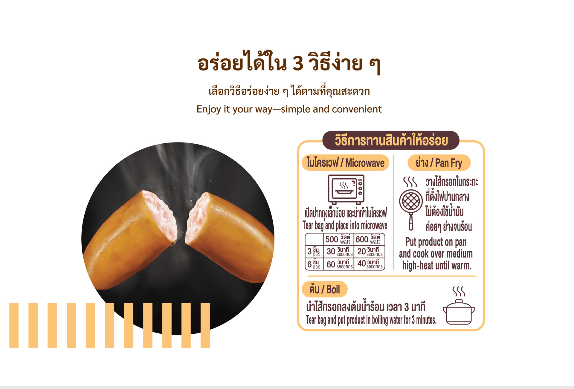 วิธีรับประทานไส้กรอก Schau Essen ด้วยไมโครเวฟ การย่างบนกระทะ และการต้มในน้ำร้อน